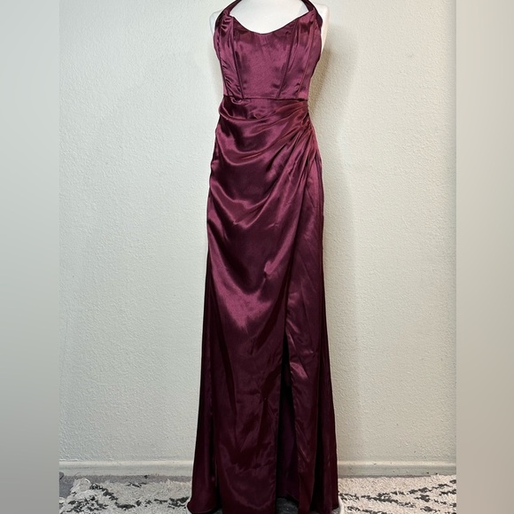 Galina Halter Corseted Bustier Draped Formal Gown Prom Burgundy Size 4 Wedding - Picture 9 of 15